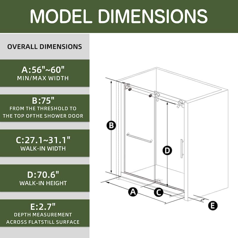 60" x 75" Sliding Shower Door with 8mm Tempered Glass, Half-Frame, Round Tube & Silent Rollers