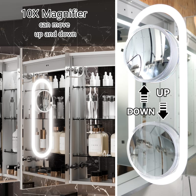 36'' H Recessed or Surface Mounted Bathroom LED Mirror Cabinet With Defogger, Dimmer, 10x magnifying