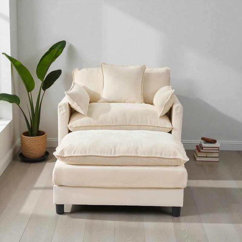 Modern Chenille Accent Chair with Ottoman, Oversized Upholstered Armchair for Living Room & Bedroom Reading