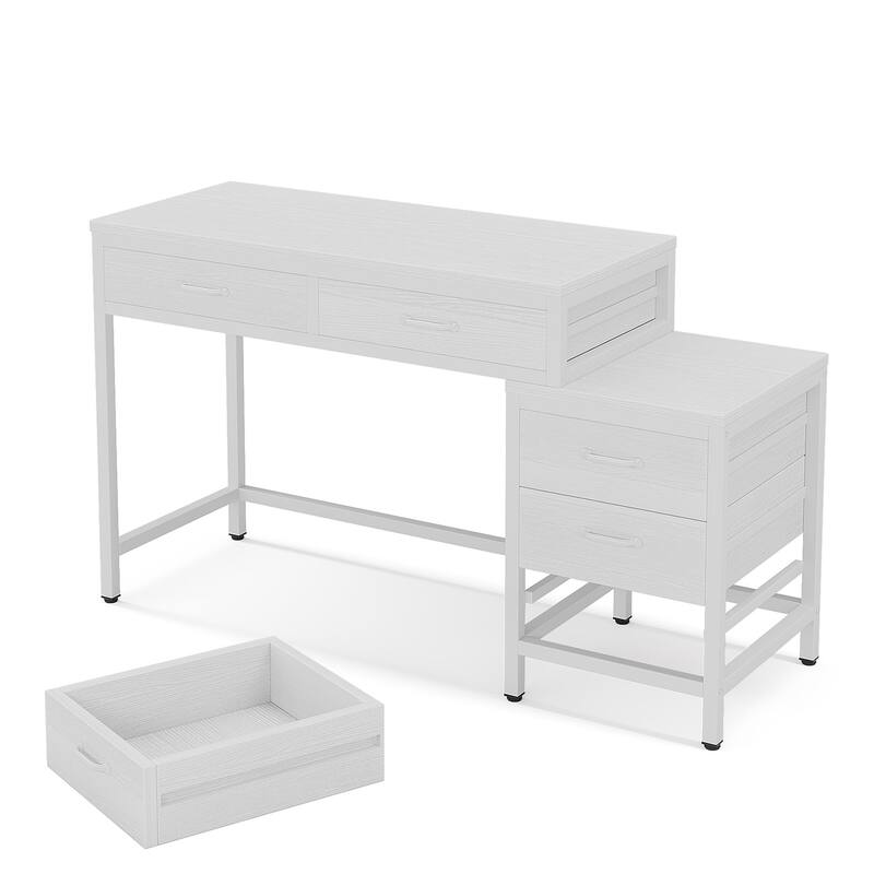 51" Reversible Computer Desk with 5 Drawers and File Cabinet, White