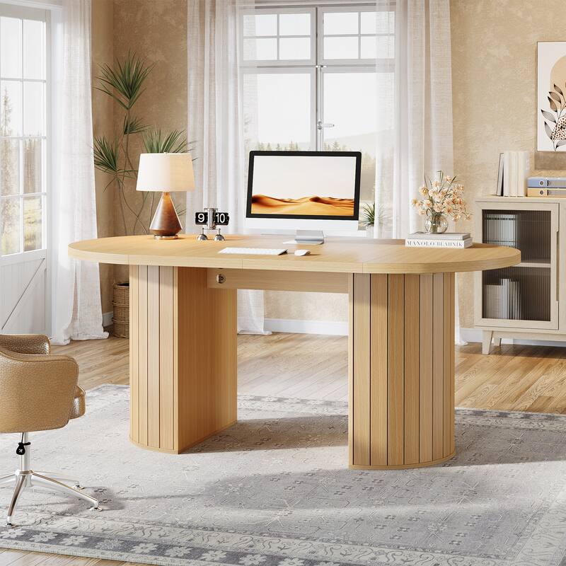 63-Inch Executive Desk, Modern Computer Table for Home Office, Oak