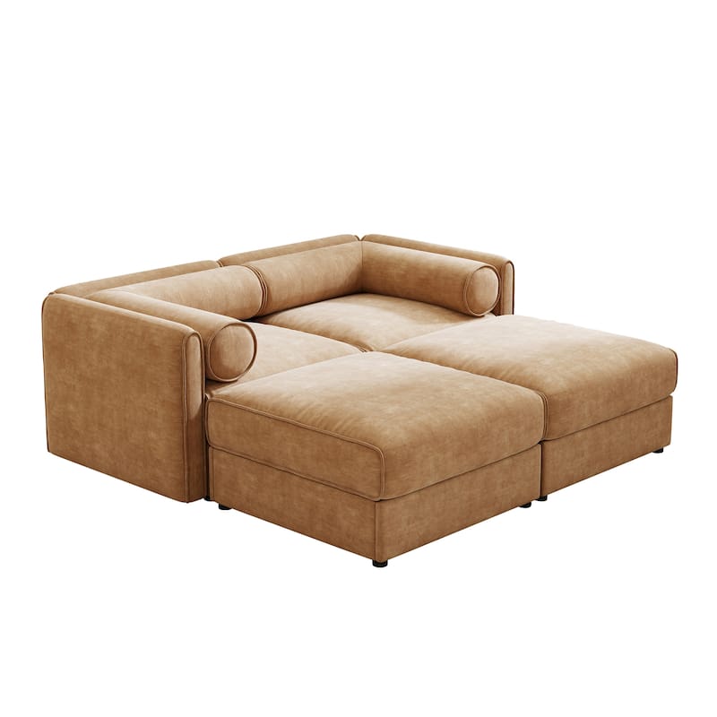 75.5" 2-Seater Chenille Sofa with 2 Ottoman Storage Seats, Cylindrical Backrest and Modular Design