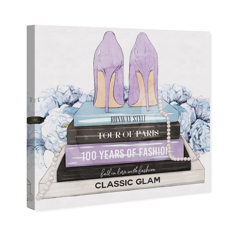Wynwood Studio Fashion and Glam Lavender Blue Books and Heels Pastel Purple Modern & Contemporary Wall Art Canvas Print