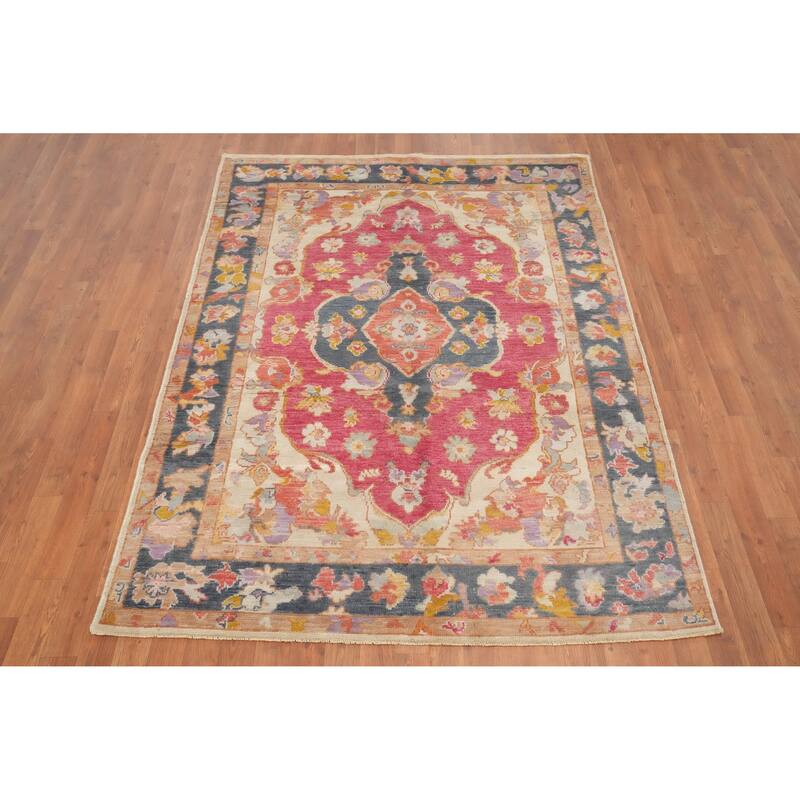 Hand Knotted Oriental 100% Wool Carpet Transitional Floral Pink Oushak Area Rug - 6' 10'' X 5' 0''