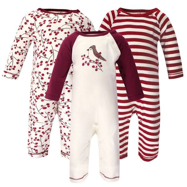 slide 1 of 1, Touched by Nature Baby Girl Organic Cotton Coveralls 3pk, Berry Branch 0 - 3 Months - Red