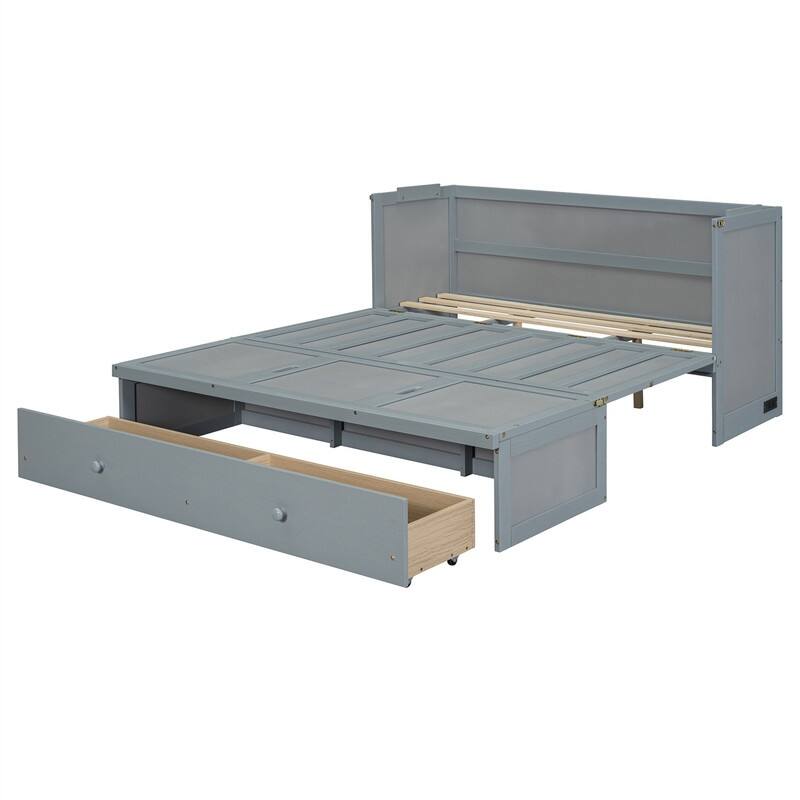 Full/Queen Size Murphy Bed Wall Bed with a Large Storage Drawer and USB Port, Solid Wood Murphy Cabinet Bed, Space Saving Design