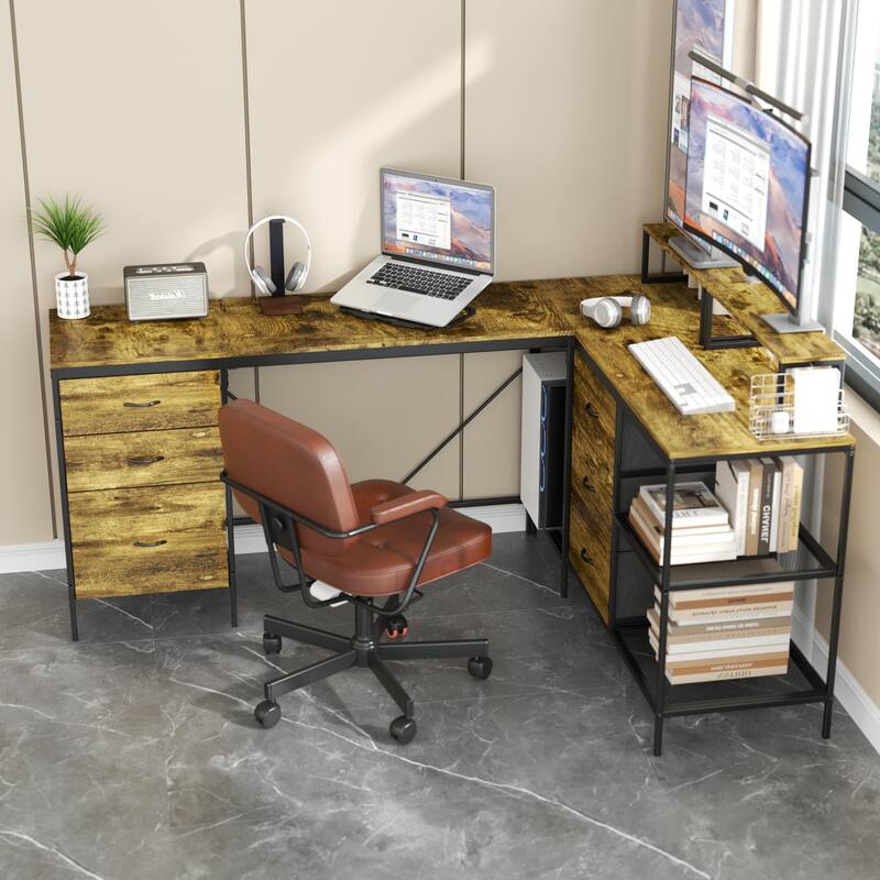 Anmytek Rustic Industrial L Shaped Desk with Power Outlets USB C 6 Fabric Drawers 3 Open Shelves Movable Monitor Stands
