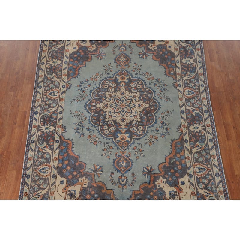 Over-Dyed Blue Tabriz Persian Vintage Rug Hand-Knotted Wool Carpet - 6'2"x 9'5"