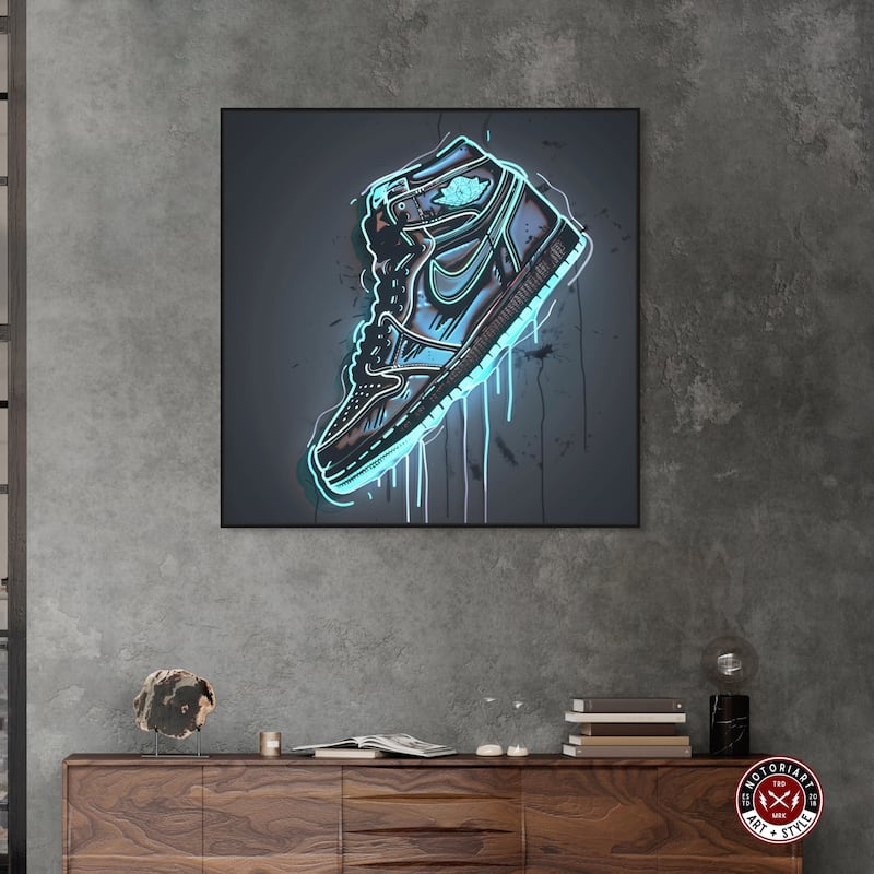 Notoriart Blue Glow Sneaker Framed Sneaker 1 Piece Canvas Wall Art