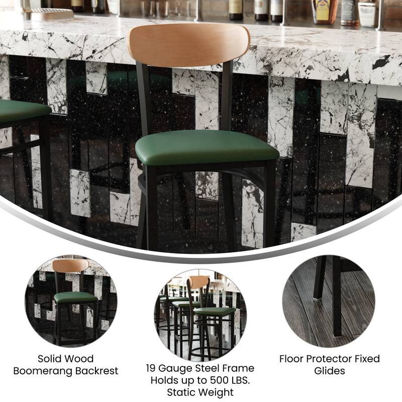 Commercial Metal Barstool with Wood Seat and Boomerang Back