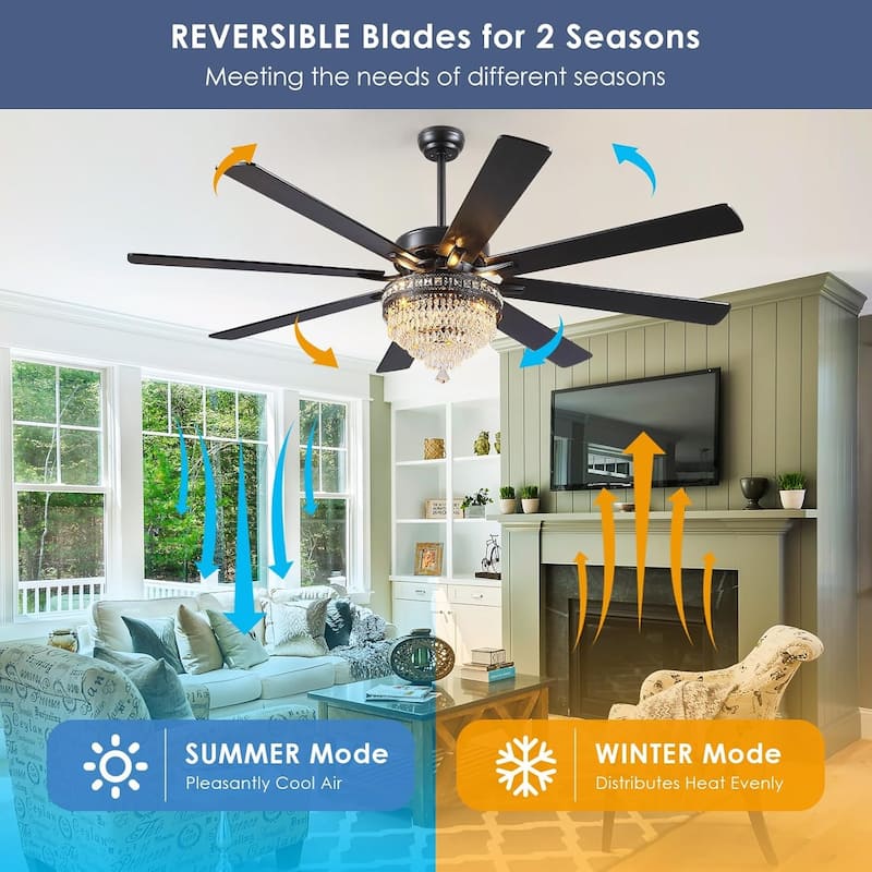 52 or 62 Inches Crystal Ceiling Fan Fandelier with Lights,For Bedroom Kitchen Patio Remote Control