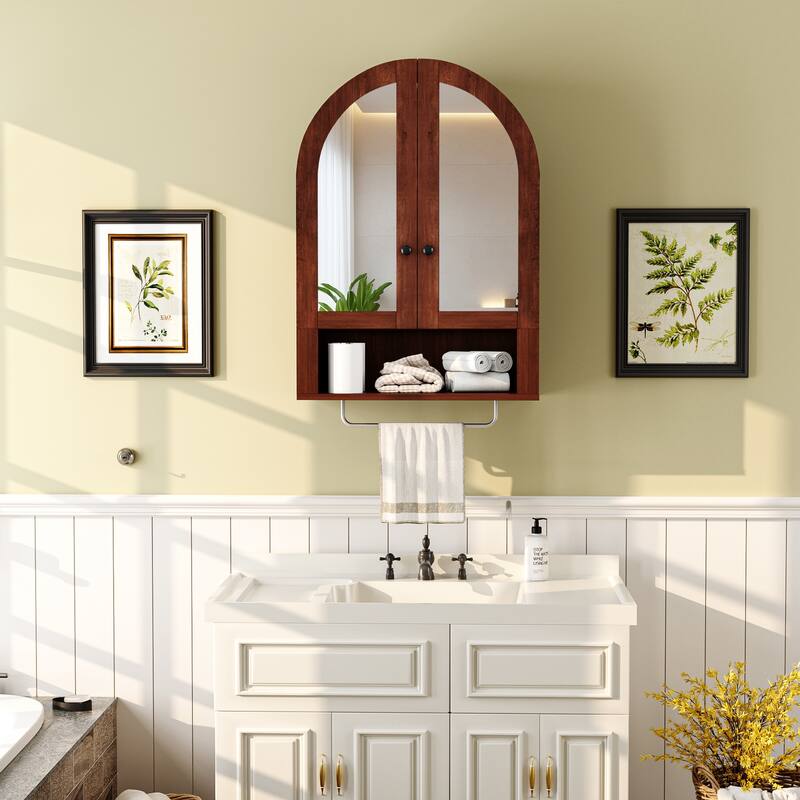 Wall Mounted Arched Cabinet with Mirrored Doors and Adjustable Shelves for Laundry Room, Bathroom, Kitchen