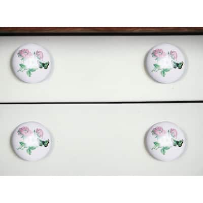 HomeRoots Set of Eight Light Pink And White Ceramic And Metal Floral Drawer Pull Knobs - 1.5' X '1.5' X '1.5