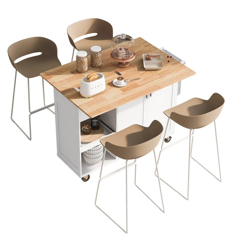 Kitchen Island With Foldable Countertop Slide-Out Shelves Towel Rack and Drawer, for Kitchen, Living Room Dining Room, White