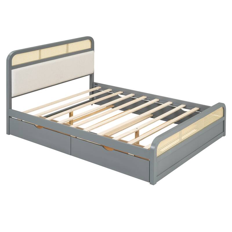 Queen size Wooden Platform Bed with Twin Trundle and 2 Storage Drawers, Classic Rattan Bed Frame with Upholstered Headboard
