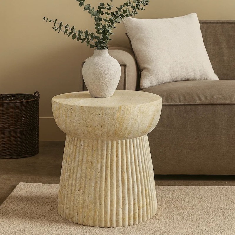 Archi Plant Stand Table, Fluted Design Marbled White Resin 17 Inch