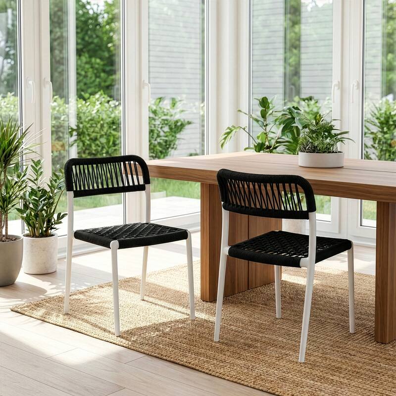 Set of 12 Belen Black Woven Rope Fabric Dining Chair with Plastic Frame