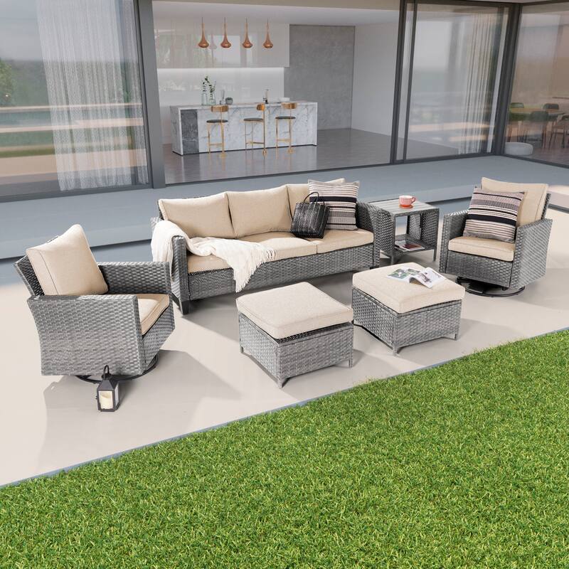 BONOSUKI 6Pcs Patio Swivel Rocking Sofa Set Grey Rattan w/Side Table - Linen Flax Beige