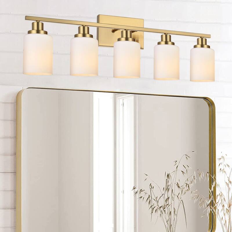 4-Light Bathroom Light Fixtures Brushed Brass 6-Light Bathroom Vanity Light, Bathroom Lights Over Mirror with Milky Glass Shade
