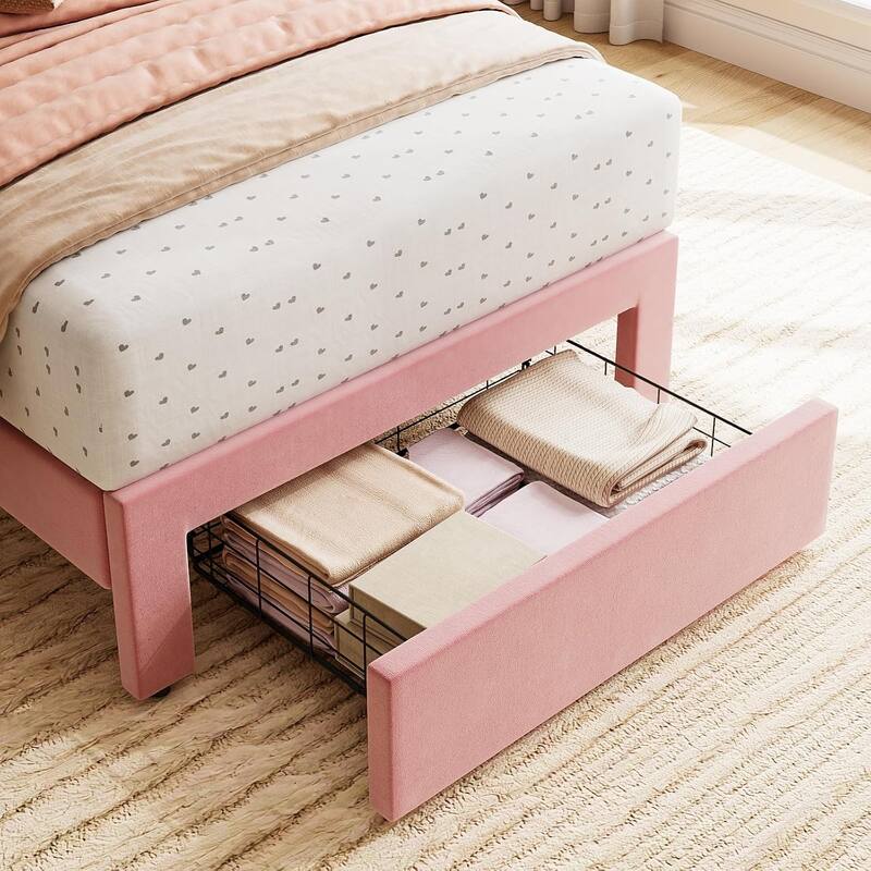 Twin Velvet Upholstered Platform Bed Frame with Wave Headboard & Drawer, No Box Spring Needed, Wood Slats, Noiseless
