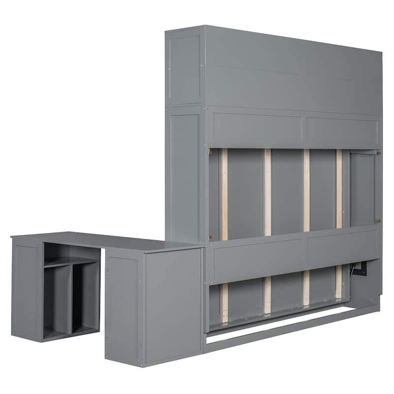 Queen Size Murphy Bed with Storage Shelves and 2 Storage Cabinets, Wooden Foldable Wall Bed Frame with Desk & Hydraulic Lift