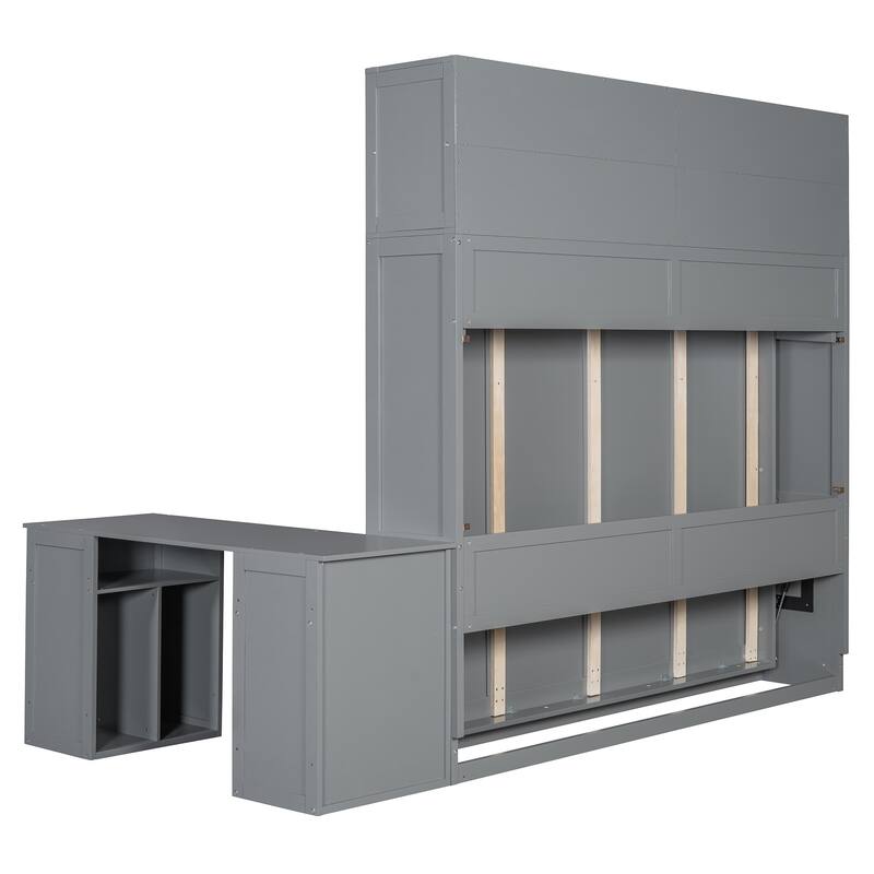 Queen Size Wall Murphy Bed Chest with Top Cabinet and Desk, Wooden Hidden Wall Bed Frame, Foldable Platform Cabinet Bed