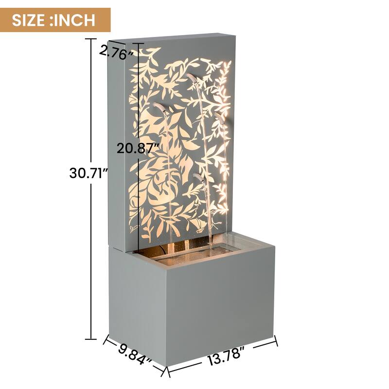 Christopher Knight Home - Modern 30.71"H Metal Water Wall Fountain with LED Lights & Leaf Cutout Design
