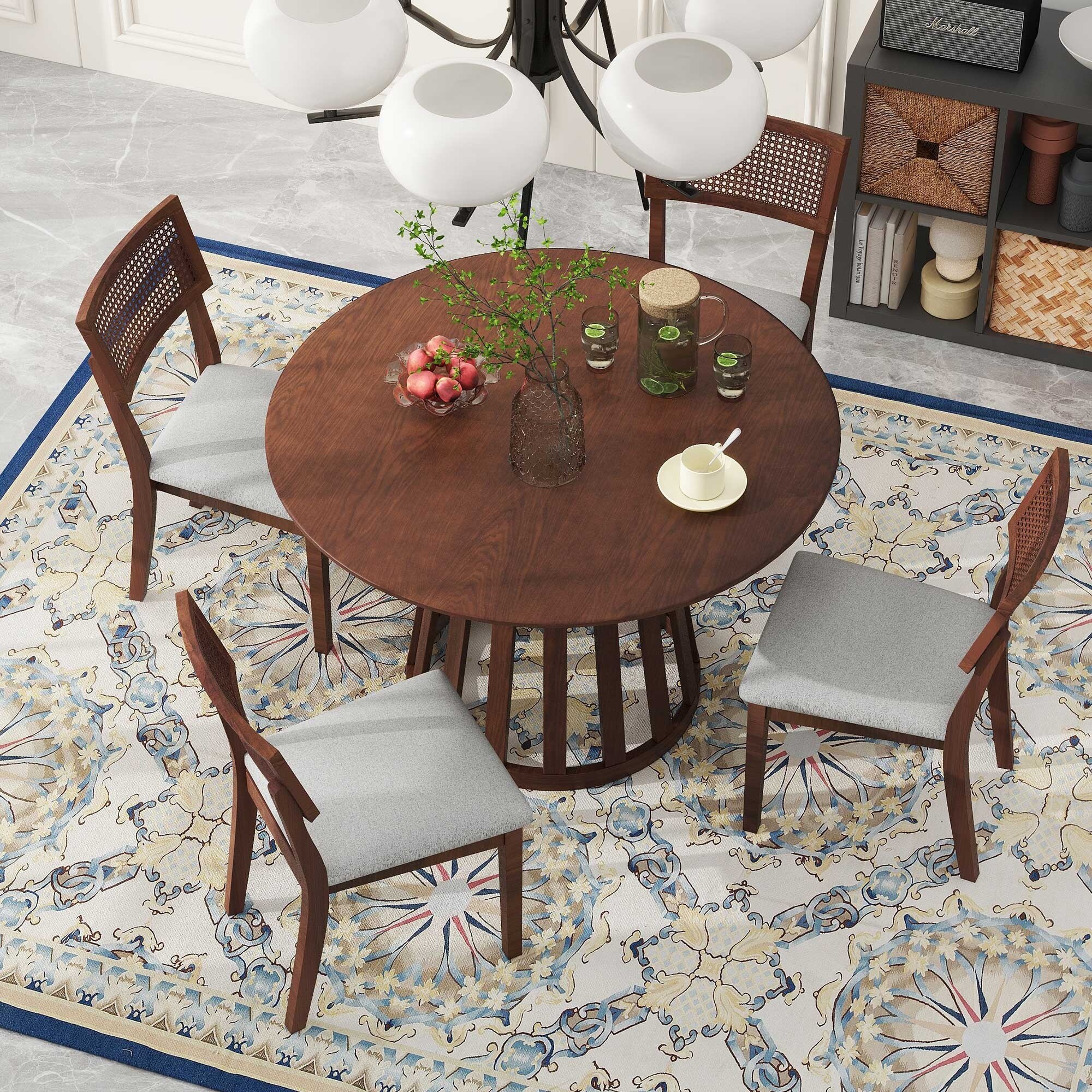 5-Piece Dining Table Set with Round Table and Rattan Upholstered