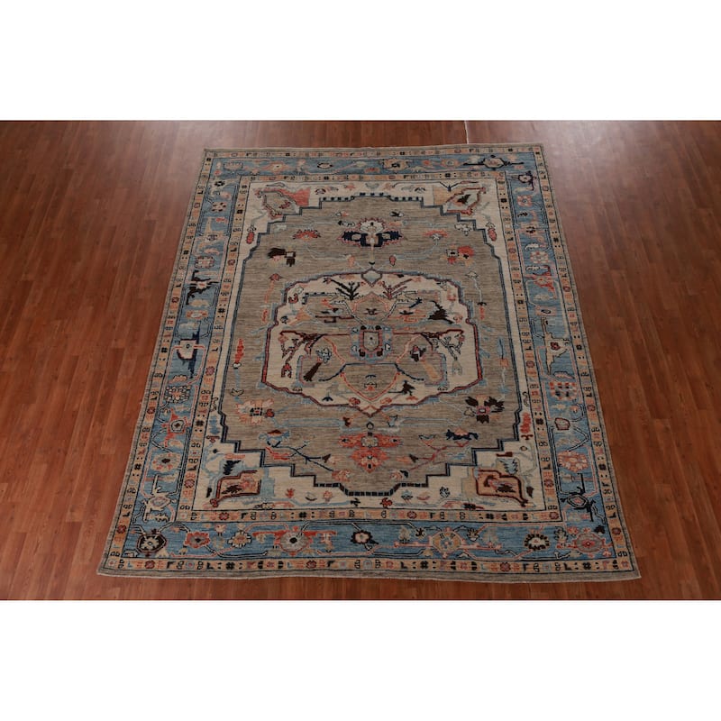 Hand Knotted Oriental 100% Wool Carpet Transitional Medallion Beige & Ivories Oushak Area Rug - 9' 7'' X 8' 0''