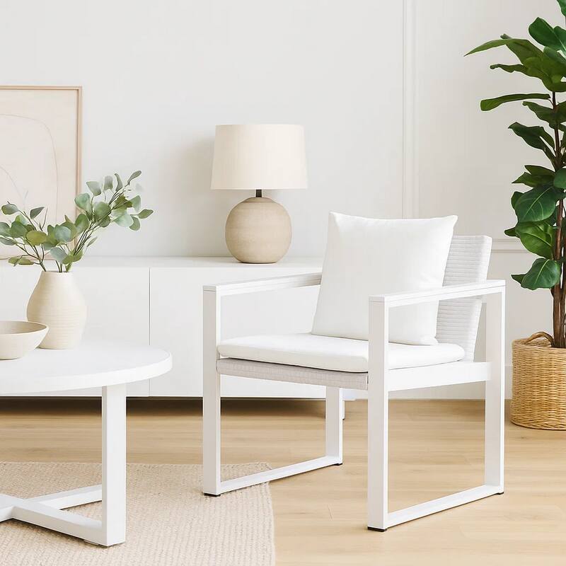Impeccably Comfortable Upholstered Aluminum Cushioned Chair with Rattan, White