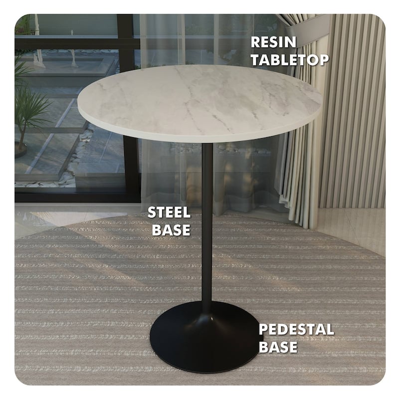 LeisureMod Verve Round Bar Dining Table with White Resin TableTop and Black Steel Base for Kitchen & Dining Room
