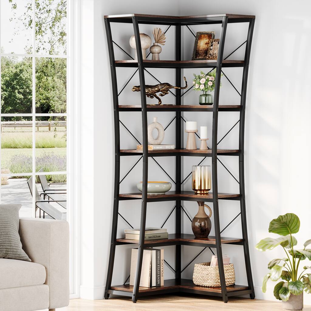 7-Tier Tall Wall Corner Bookshelf, Industrial L-Shaped Bookcase