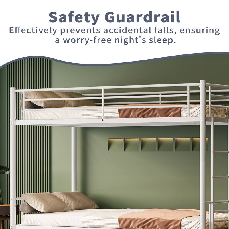 Twin Over Twin Metal Bunk Bed with Trundle, Convertible 2-in-1 Design, Non-Slip Ladder and Safety Rails