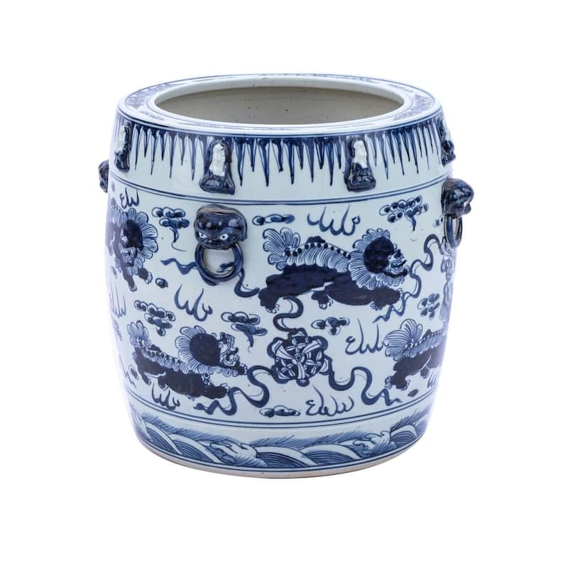 Blue & White Lion Drum Shaped Planter