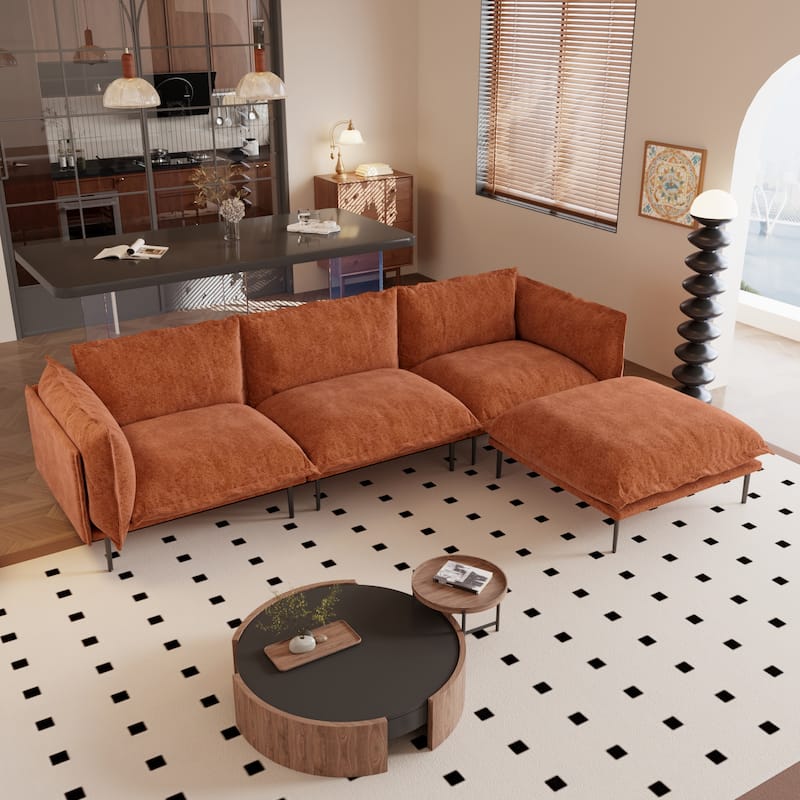 111.02'' Down Filled Sectional Sofa Couch Chenille Fabric Upholstery L-Shaped Sofa with Ottoman
