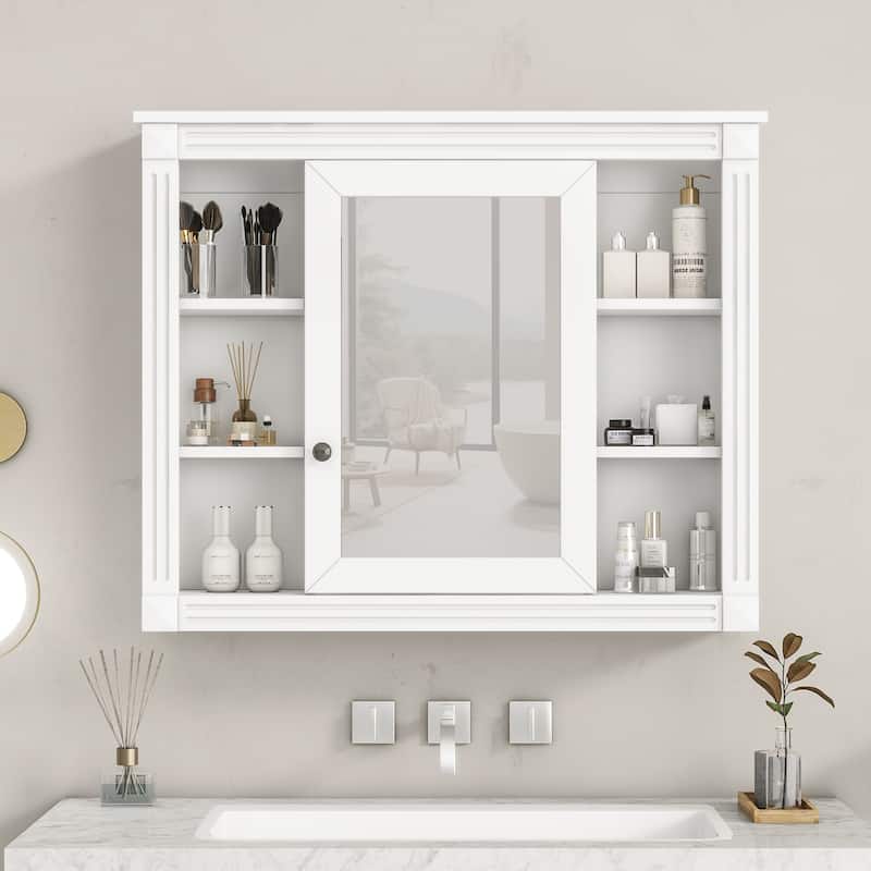 Lines Groove Design Medicine Cabinet Storage Wall Cabinet with High Definition Mirror, 6 Open Shelves and Adjustable Shelf - White