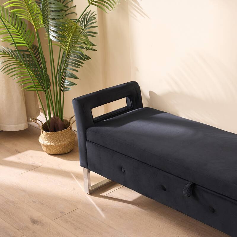 Storage Bench with Armrests, Velvet Upholstered End of Bed Bench, Entryway Bench with Hidden Storage Compartment