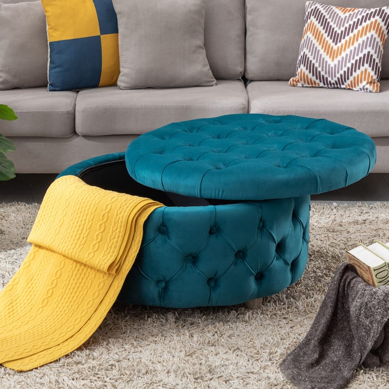 29.5" Wide Velvet Tufted Round Ottoman With Storage