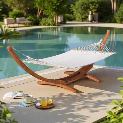 Larch Wood Hammock with Sunbrella Cotton Fabric - Waterproof Outdoor Hanging Bed and Stretch Bar