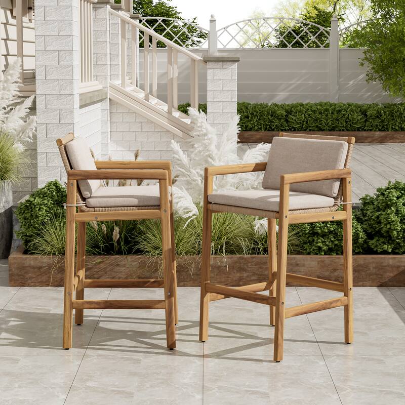 Christopher Knight Home - Marcella Outdoor Elegance Acacia Wood Barstool Set with Wicker Detail and Cushions