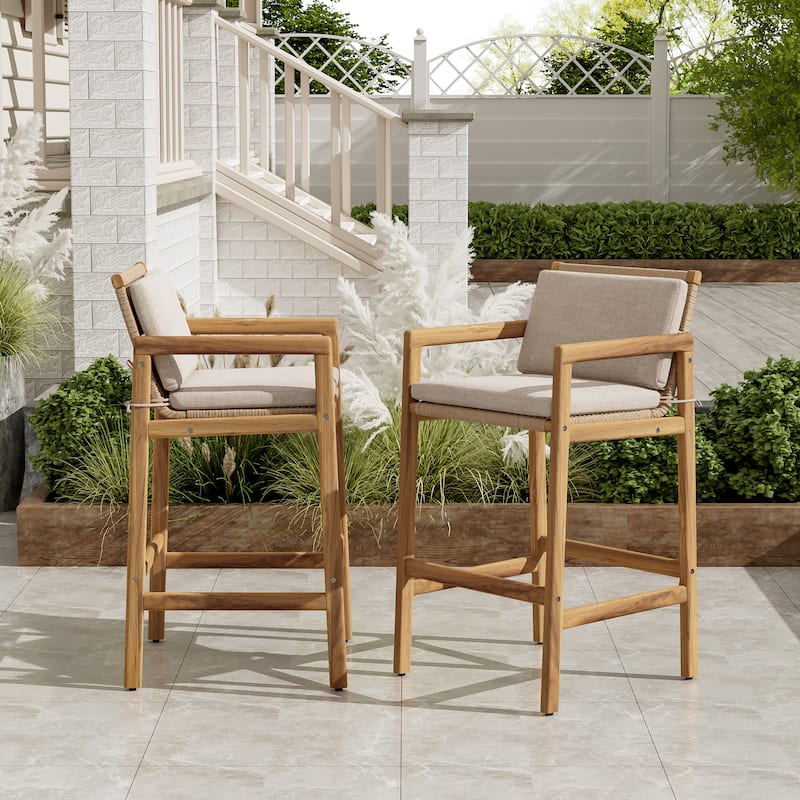 Roomfitters Marcella Outdoor Acacia Wood Barstools with Wicker Back, Teak Finish and Beige Set of 2