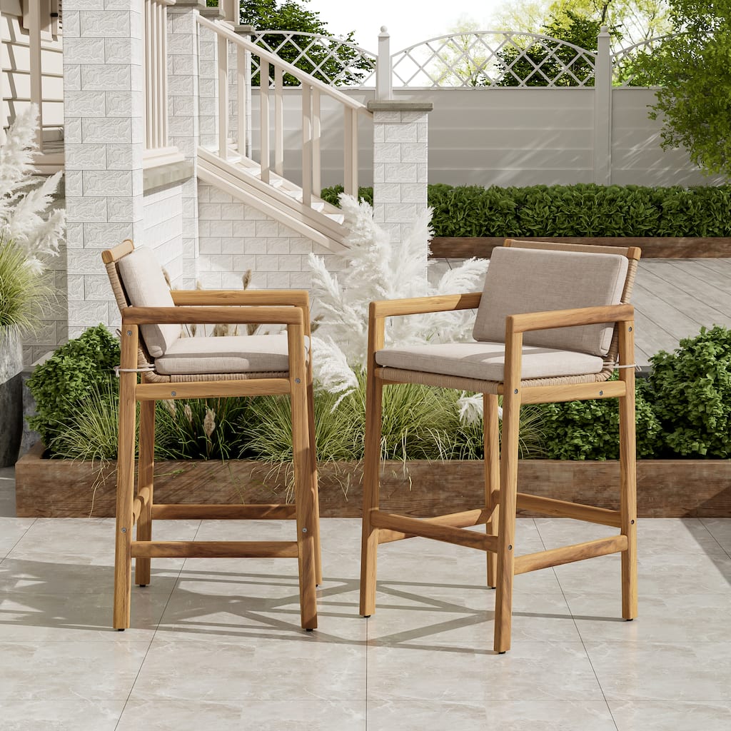 Roomfitters Marcella Outdoor Acacia Wood Barstools with Wicker Back, Teak Finish and Beige Set of 2