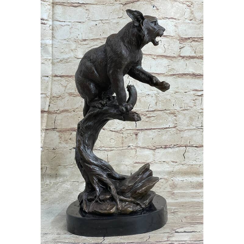 Cougar Panther Jaguar Imitative Cat Collector Bronze Marble Base Bookend Statue Art Decor