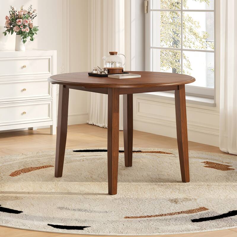 Extendable Round Wood Dining Table with Folding Leaf for Small Spaces