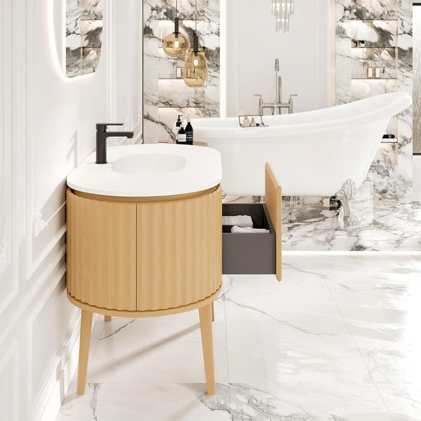 Eviva Iris 35 in. W. x 22 in. D x 33.5 in. H Oak Freestanding Bathroom Vanity with White Solid Surface Integrated Sink Top
