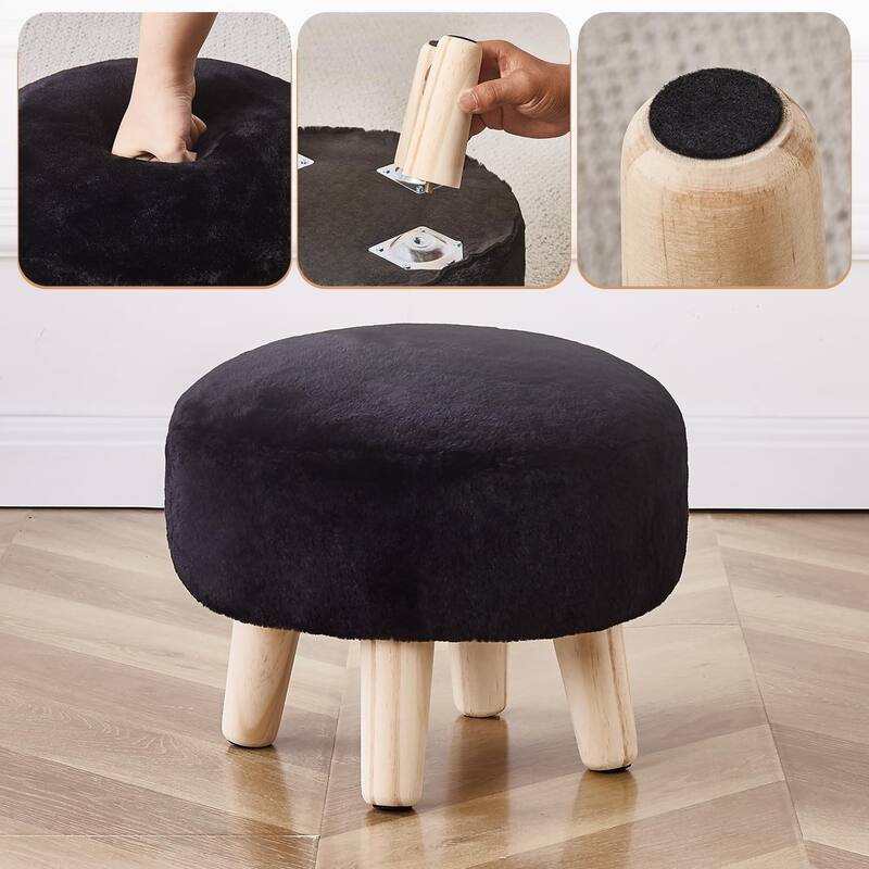 Plush Faux Fleece Round Ottoman Footstool with Wooden Legs and Cozy Seat for Living Room