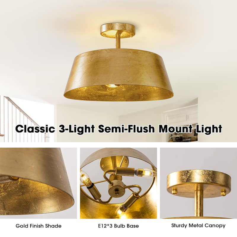 3-Light Vintage Dimmable Gold Modern Urban Drum Semi-Flush Ceiling Light