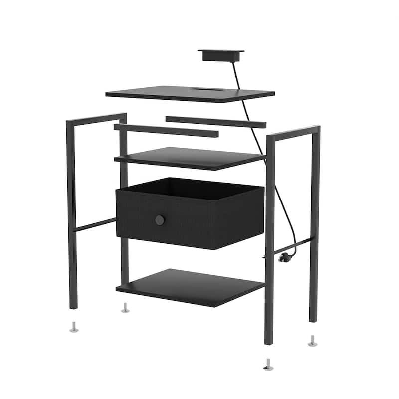 VECELO Nightstand Set with Charging Station 2 AC Outlets & 2 USB Ports 24-Inch High nightstand with Fabric Drawer 2 Open Shelves