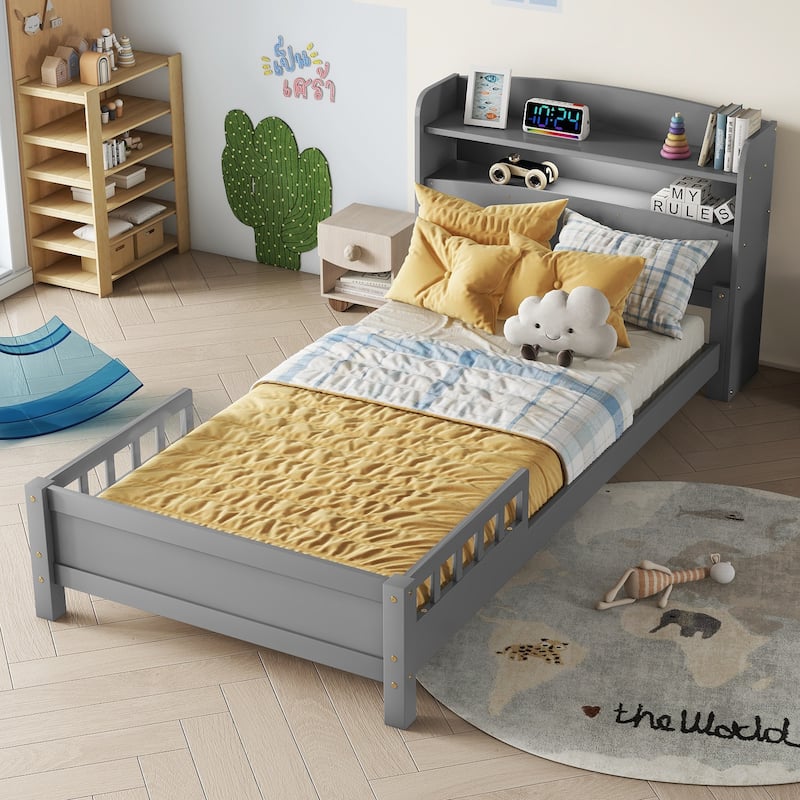 Twin Pine Wood Bed with Bookcase Headboard, LED Motion Sensor Light, Guardrails, Grey - Grey