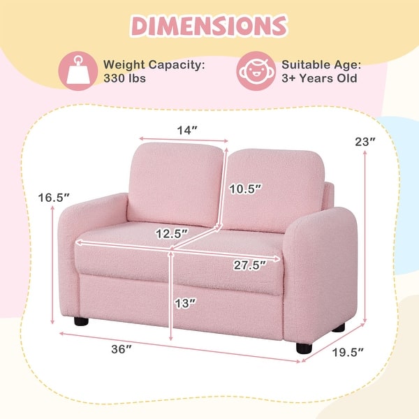 dimension image slide 2 of 3, Gymax 2-Seat Kids Sofa Toddler Sofa Couch w/ Soft Teddy Fleece